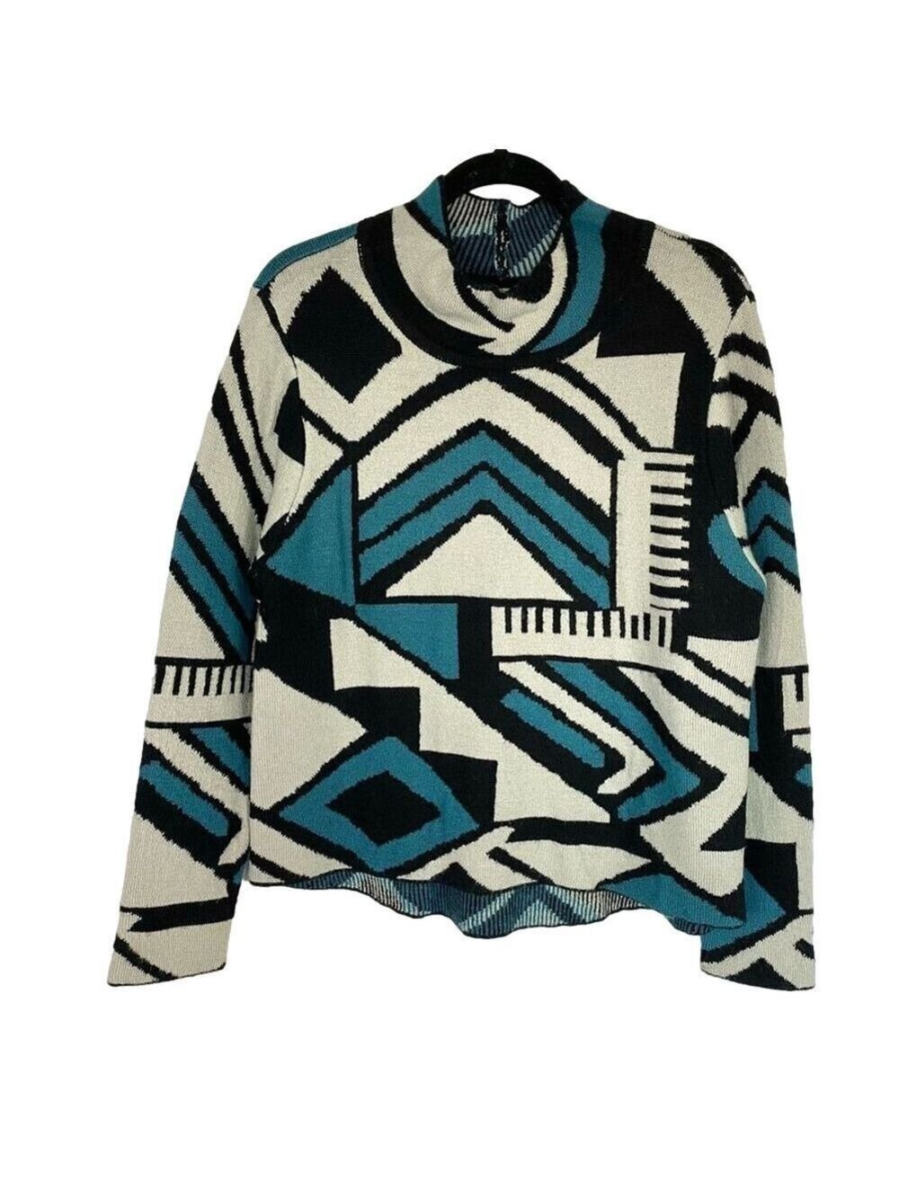 Vintage Y2K 90s knit Dad sweater geometric retro black blue Mock Neck Men’s M